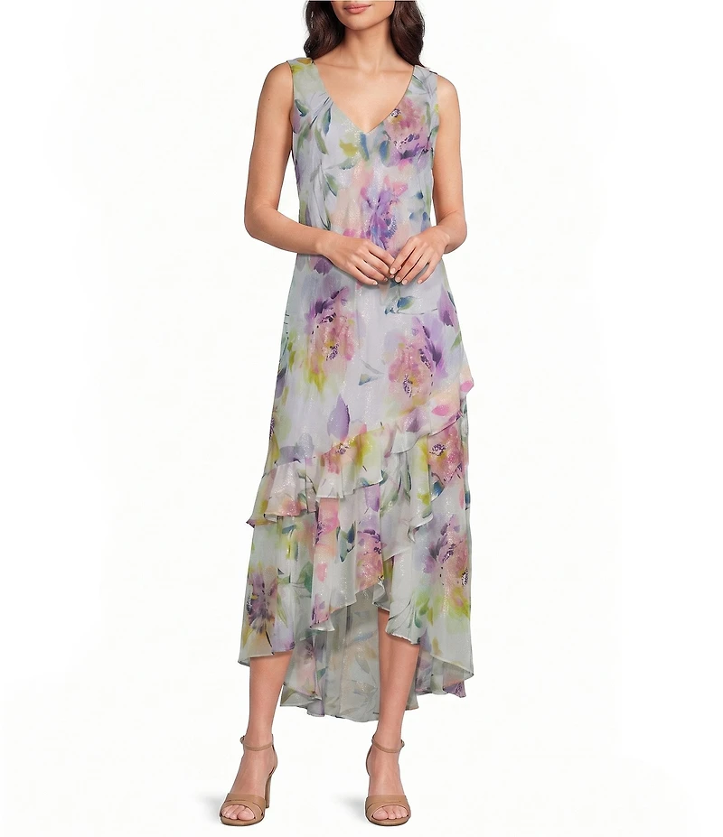 R & M Richards Floral Print Asymmetric Skirt Chiffon Midi Dress