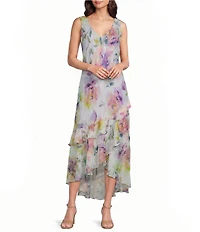 R & M Richards Floral Print Asymmetric Skirt Chiffon Midi Dress