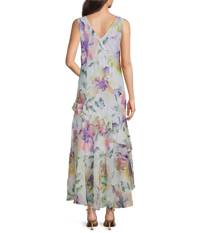R & M Richards Floral Print Asymmetric Skirt Chiffon Midi Dress