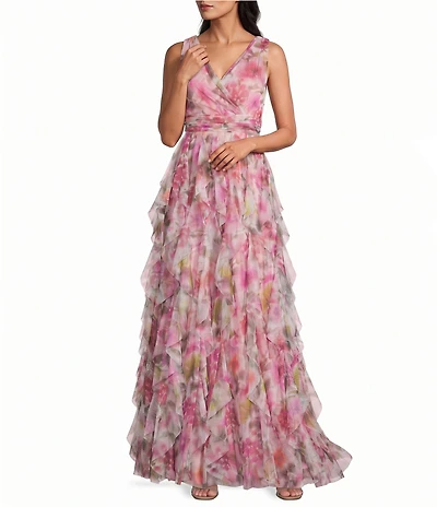 R & M Richards Floral Print Chiffon Sleeveless Corkscrew Skirt Long Dress