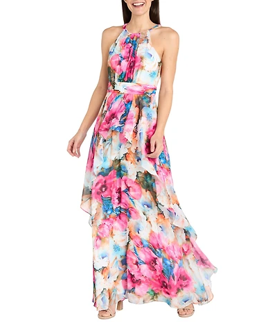 R & M Richards Floral Print Halter Neck Inverted High Low Ruffle Skirt Chiffon Dress