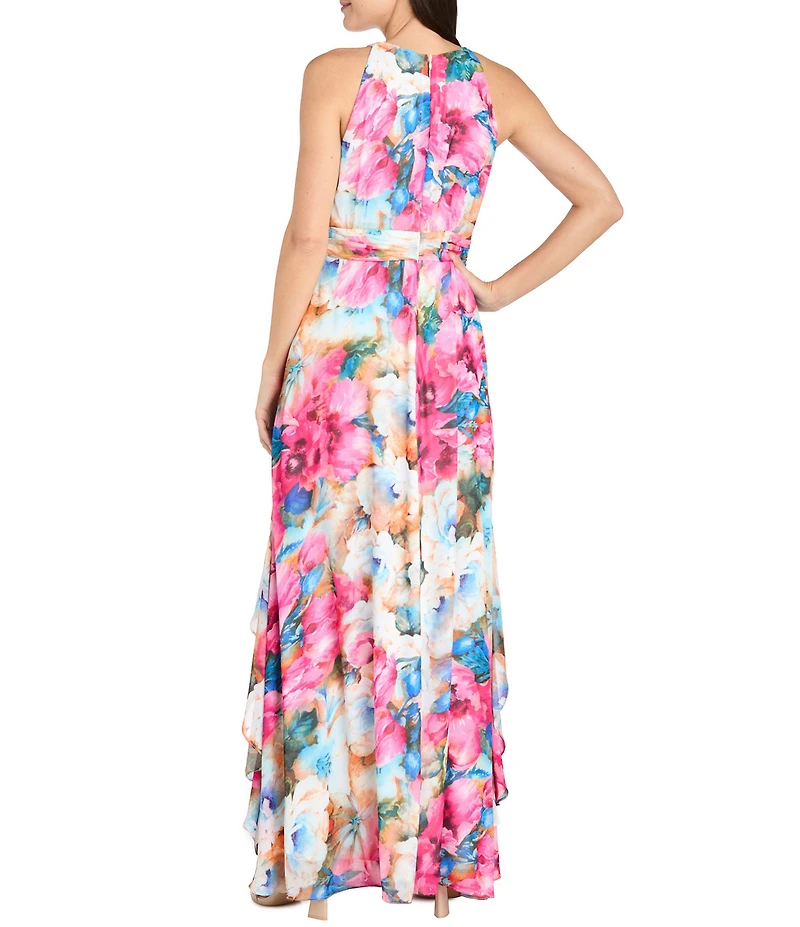 R & M Richards Floral Print Halter Neck Inverted High Low Ruffle Skirt Chiffon Dress