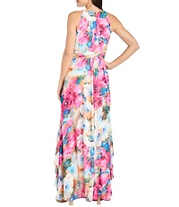 R & M Richards Floral Print Halter Neck Inverted High Low Ruffle Skirt Chiffon Dress