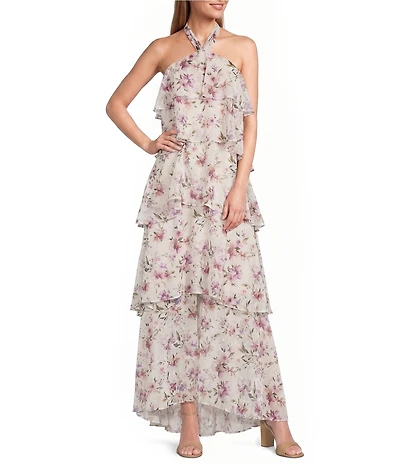 R & M Richards Floral Print Halter Neck Tiered Dress