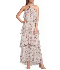 R & M Richards Floral Print Halter Neck Tiered Dress