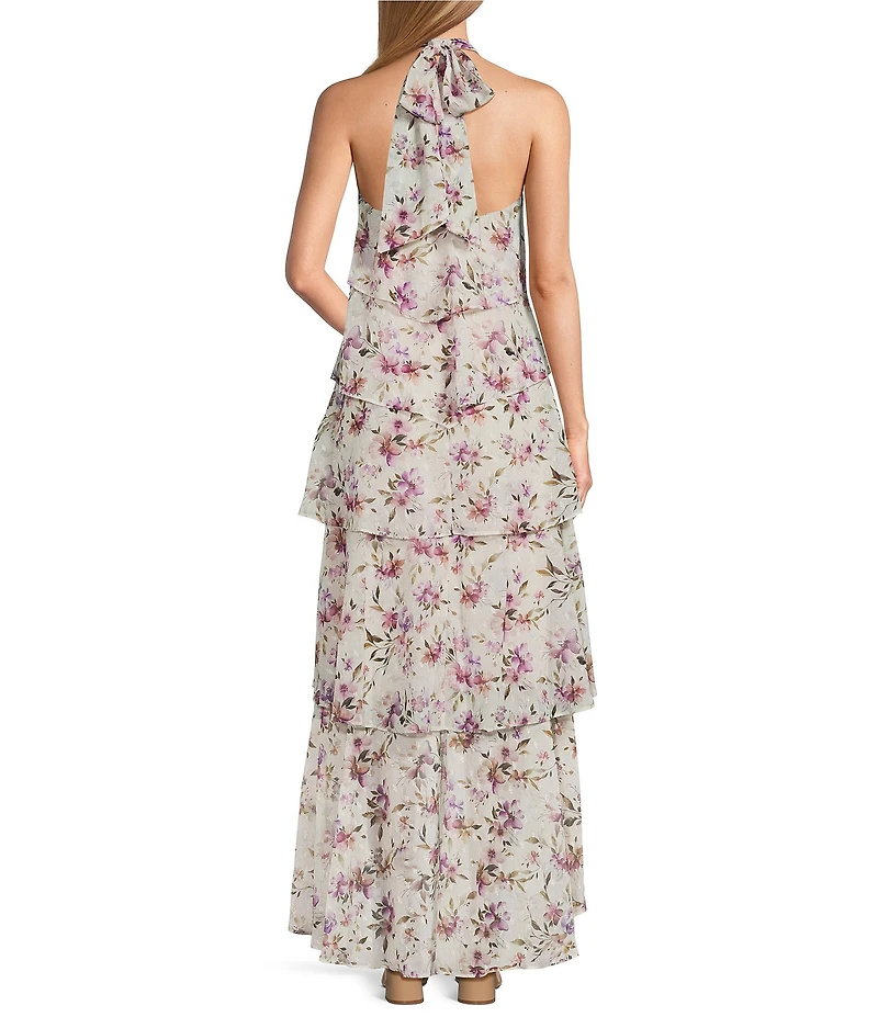 R & M Richards Floral Print Halter Neck Tiered Dress