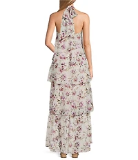 R & M Richards Floral Print Halter Neck Tiered Dress