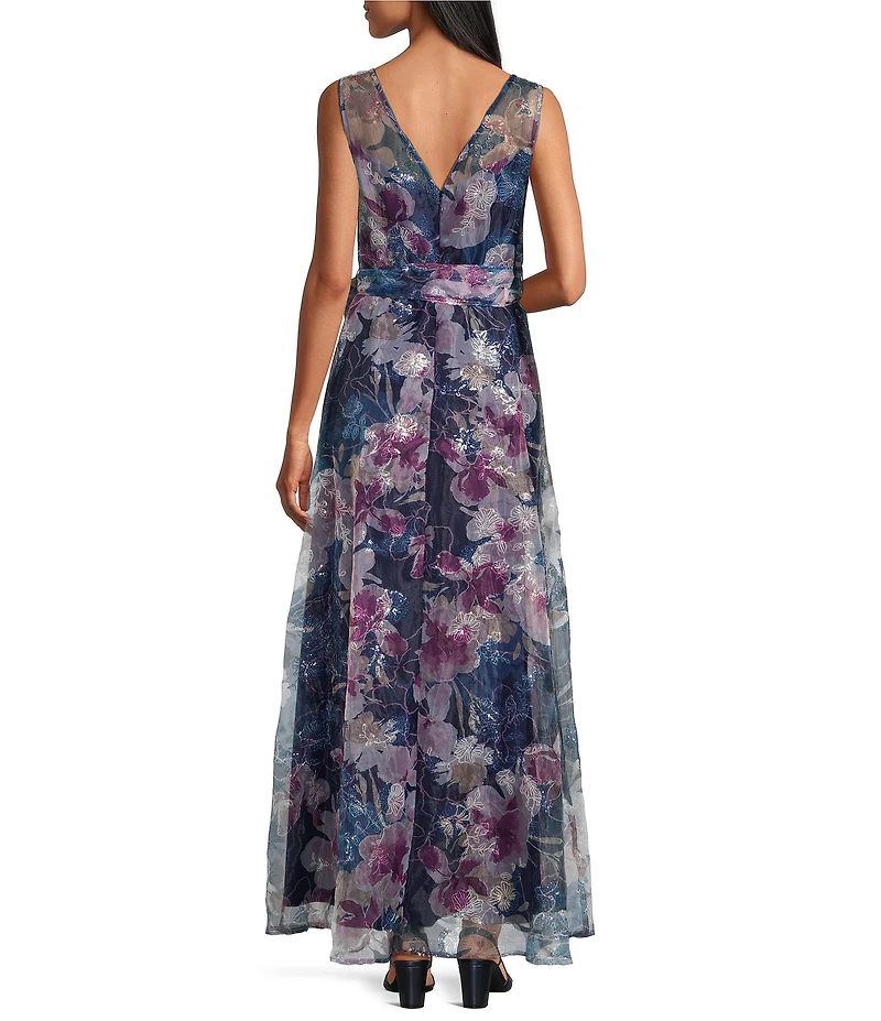 R & M Richards Floral Print Illusion Neck Sleeveless Sequin Organza Gown