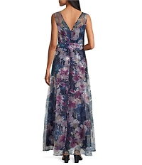 R & M Richards Floral Print Illusion Neck Sleeveless Sequin Organza Gown