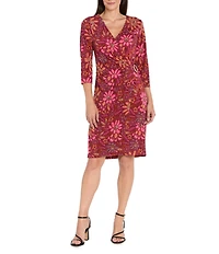 R & M Richards Floral Print ITY V-Neck 3/4 Sleeve Gold Buckle Faux Wrap Dress