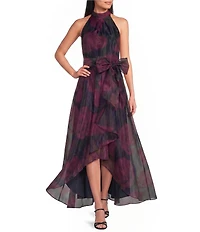 R & M Richards Floral Print Organza Halter Neck Hi-Low Hem Dress