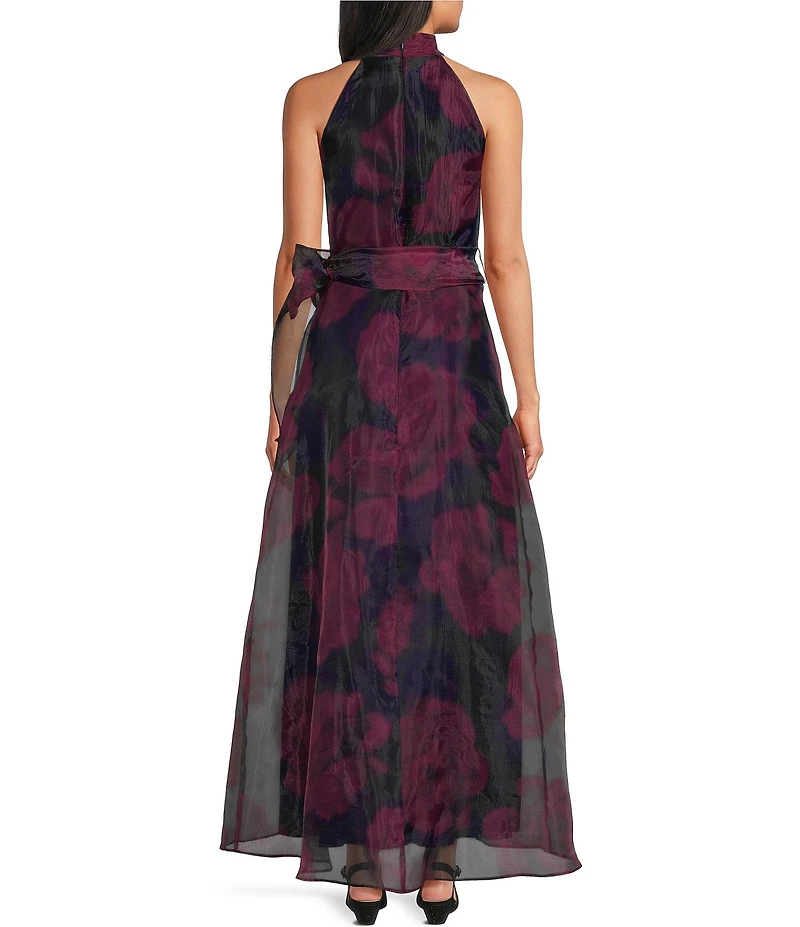 R & M Richards Floral Print Organza Halter Neck Hi-Low Hem Dress