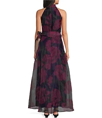 R & M Richards Floral Print Organza Halter Neck Hi-Low Hem Dress