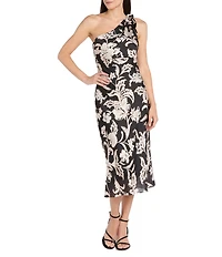 R & M Richards Floral Print Satin Yoryu One Shoulder Sleeveless Midi Dress