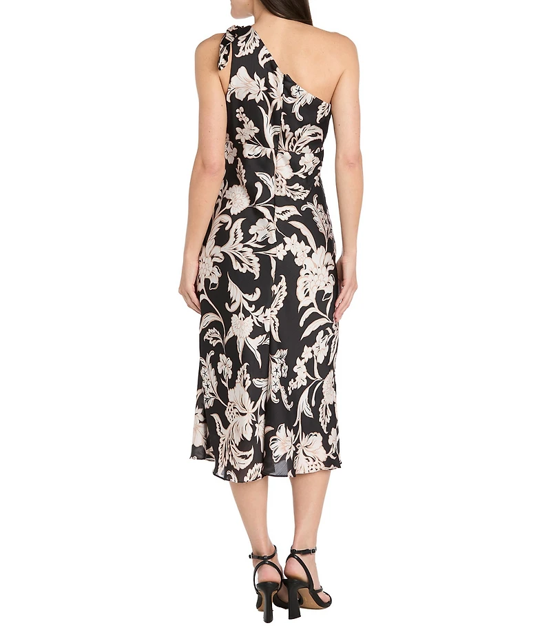 R & M Richards Floral Print Satin Yoryu One Shoulder Sleeveless Midi Dress