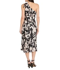 R & M Richards Floral Print Satin Yoryu One Shoulder Sleeveless Midi Dress