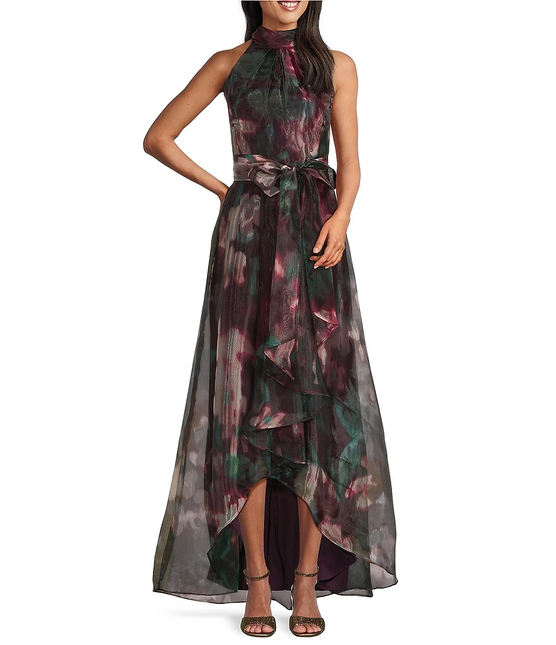 R & M Richards Floral Print Sheer Organza Halter Neck High-Low Skirt Gown