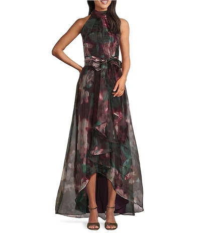 R & M Richards Floral Print Sheer Organza Halter Neck High-Low Skirt Gown