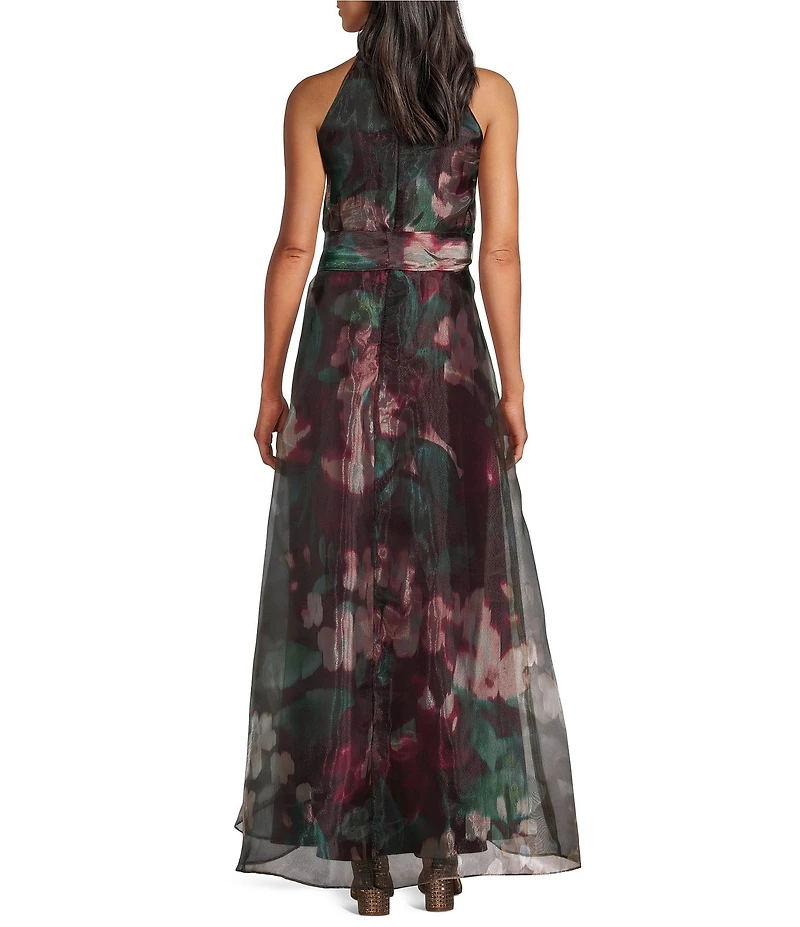 R & M Richards Floral Print Sheer Organza Halter Neck High-Low Skirt Gown