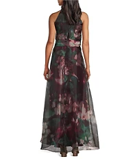 R & M Richards Floral Print Sheer Organza Halter Neck High-Low Skirt Gown