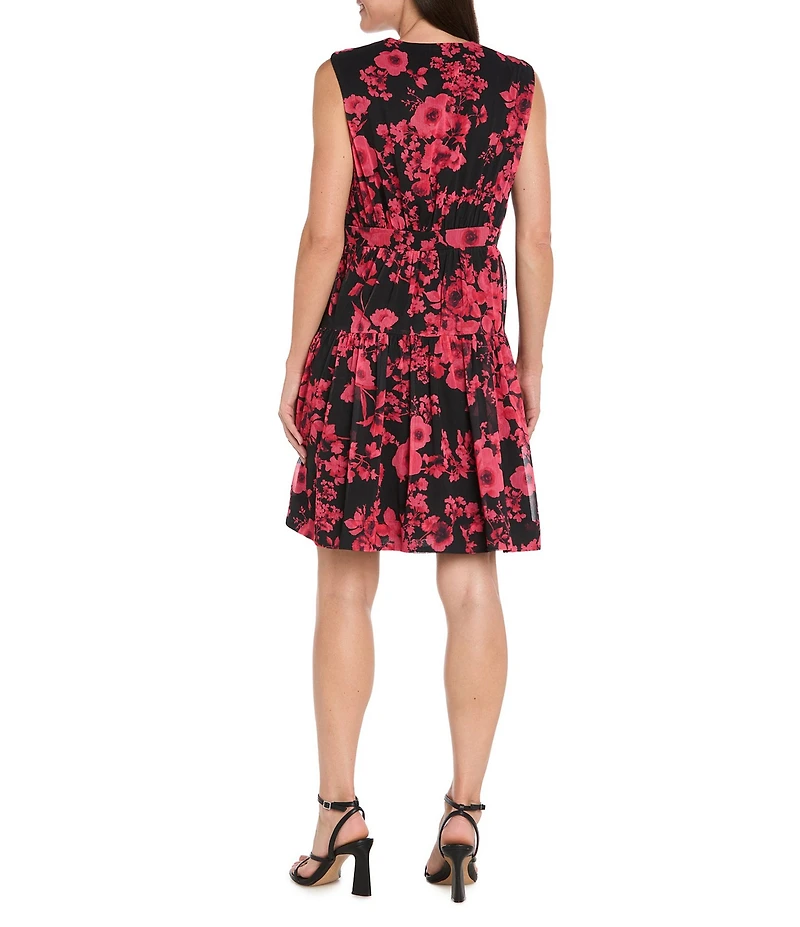 R & M Richards Floral Print Yoryu Chiffon V-Neck Sleeveless Belted Wrap Dress
