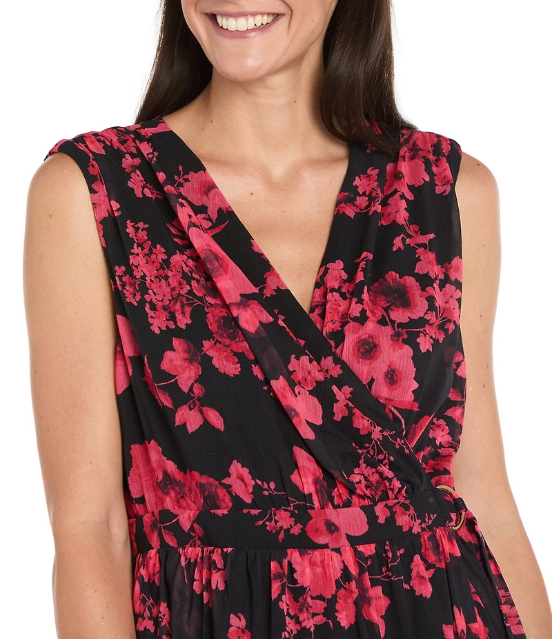 R & M Richards Floral Print Yoryu Chiffon V-Neck Sleeveless Belted Wrap Dress