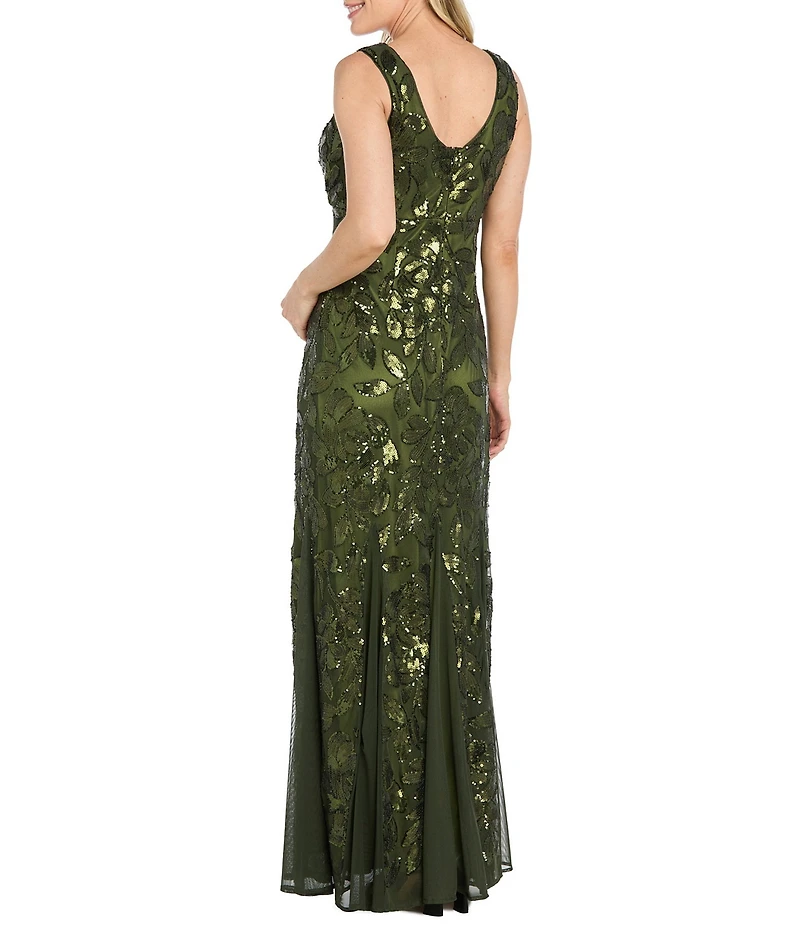 R & M Richards Floral Sequin Mesh Sleeveless V Neck Godet Skirt Long Dress