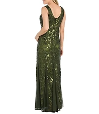 R & M Richards Floral Sequin Mesh Sleeveless V Neck Godet Skirt Long Dress