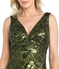 R & M Richards Floral Sequin Mesh Sleeveless V Neck Godet Skirt Long Dress