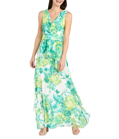 R & M Richards Floral V-Neck Chiffon A-Line Dress