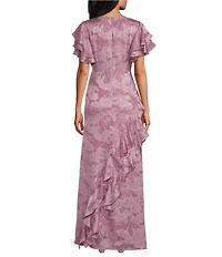 R & M Richards Flutter Sleeve Asymmetric Ruffle Skirt Jacquard Dress