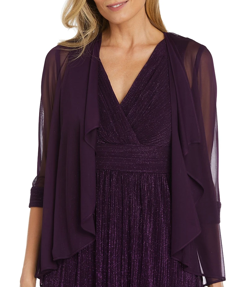 R & M Richards Flyaway Glitter Pleated 3/4 Sleeve V-Neck 2-Piece Jacket Dress