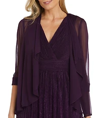 R & M Richards Flyaway Glitter Pleated 3/4 Sleeve V-Neck 2-Piece Jacket Dress