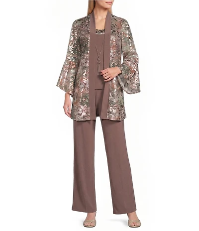 R & M Richards Foil Mesh Bell Sleeve Detachable Necklace 2-Piece Pant Set