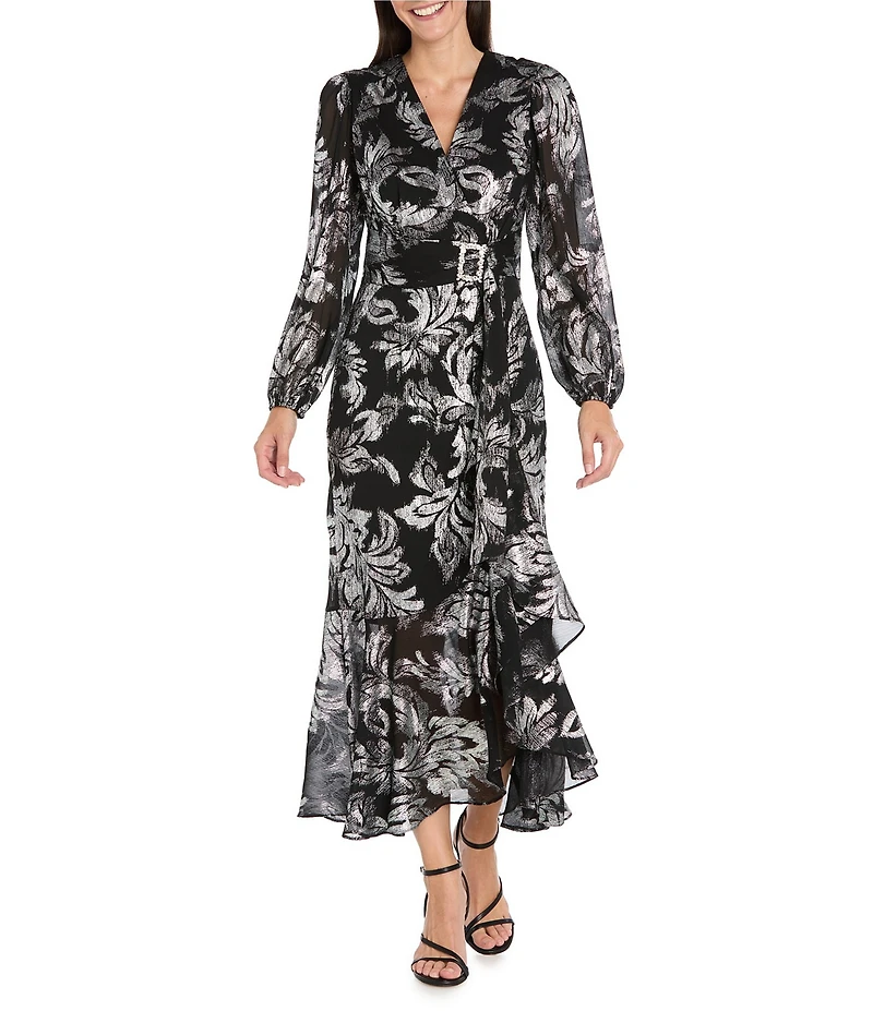 R & M Richards Foil Print Chiffon V-neck Long Balloon Sleeve Rhinestone Buckle Cascade Ruffle Faux Wrap Dress