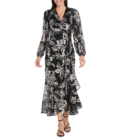 R & M Richards Foil Print Chiffon V-neck Long Balloon Sleeve Rhinestone Buckle Cascade Ruffle Faux Wrap Dress