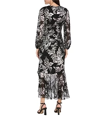 R & M Richards Foil Print Chiffon V-neck Long Balloon Sleeve Rhinestone Buckle Cascade Ruffle Faux Wrap Dress