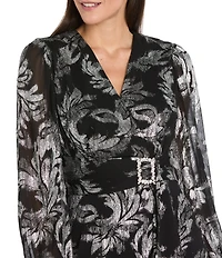 R & M Richards Foil Print Chiffon V-neck Long Balloon Sleeve Rhinestone Buckle Cascade Ruffle Faux Wrap Dress