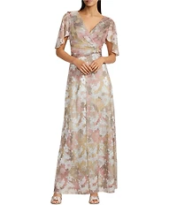 R & M Richards Foil Print Crinkle Sheer Knit Flutter Sleeve Long Gown