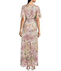 R & M Richards Foil Print Crinkle Sheer Knit Flutter Sleeve Long Gown