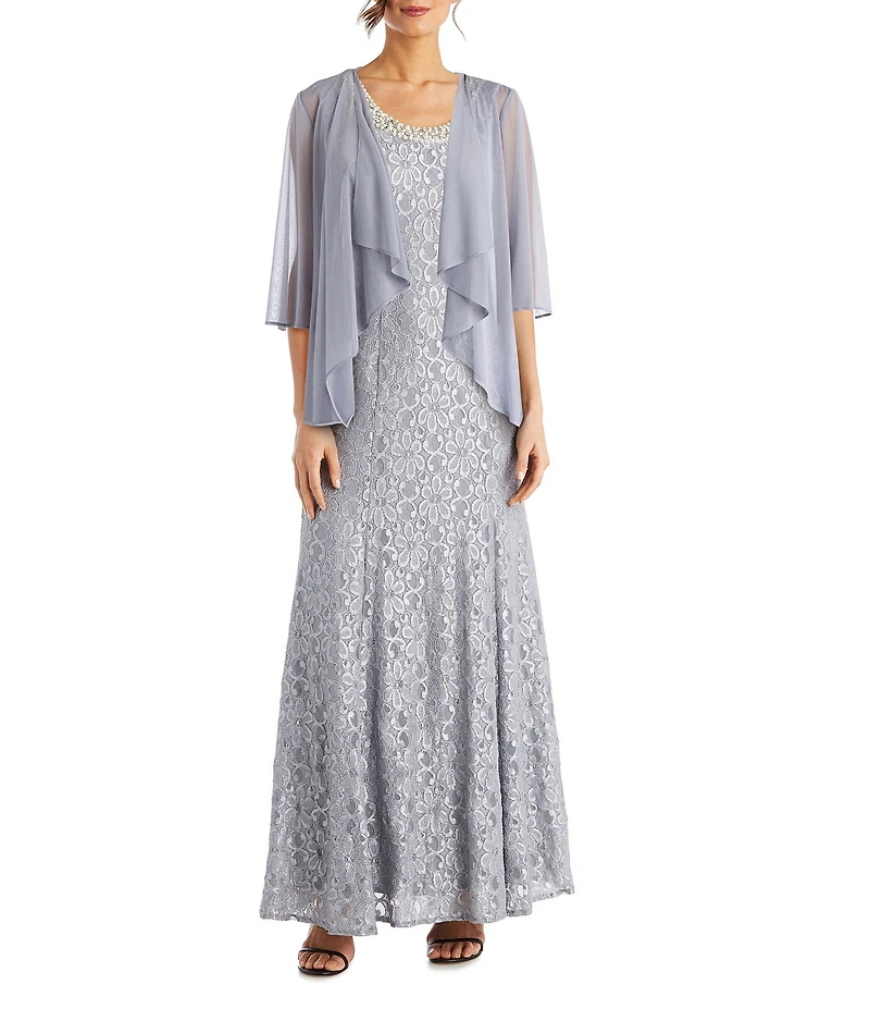 R & M Richards Glitter Chiffon Lace Beaded Neck 2-Piece Jacket Gown