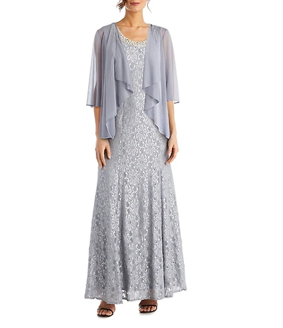 R & M Richards Glitter Chiffon Lace Beaded Neck 2-Piece Jacket Gown