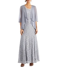 R & M Richards Glitter Chiffon Lace Beaded Neck 2-Piece Jacket Gown