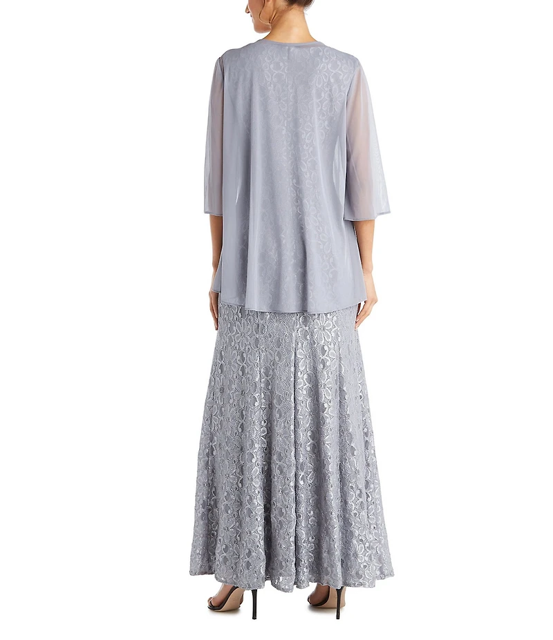 R & M Richards Glitter Chiffon Lace Beaded Neck 2-Piece Jacket Gown