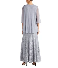 R & M Richards Glitter Chiffon Lace Beaded Neck 2-Piece Jacket Gown