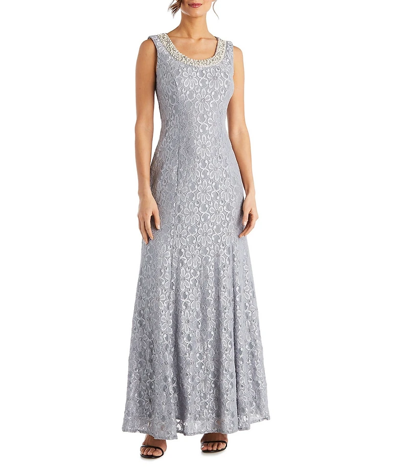 R & M Richards Glitter Chiffon Lace Beaded Neck 2-Piece Jacket Gown