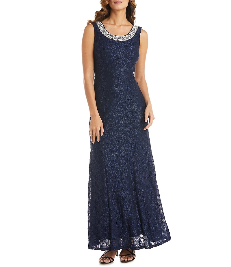 R & M Richards Glitter Lace Beaded Neck 2-Piece Jacket Gown