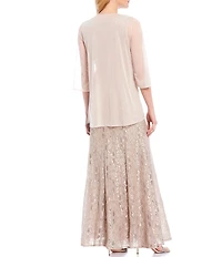 R & M Richards Glitter Lace Beaded Neck 2-Piece Jacket Gown