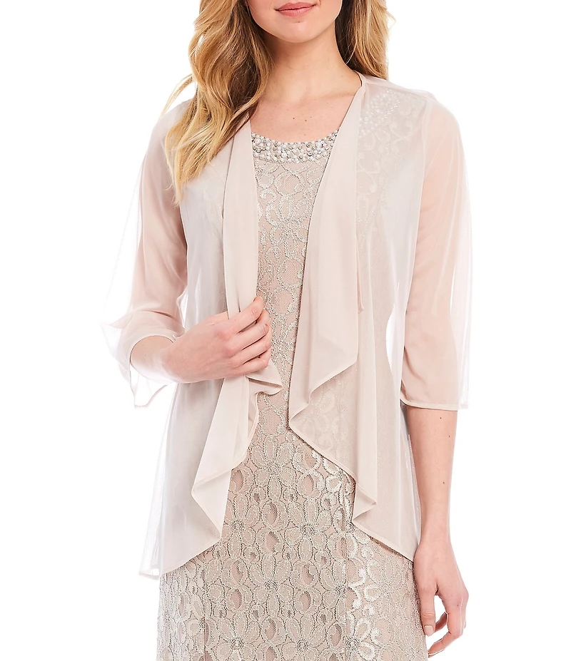 R & M Richards Glitter Lace Beaded Neck 2-Piece Jacket Gown