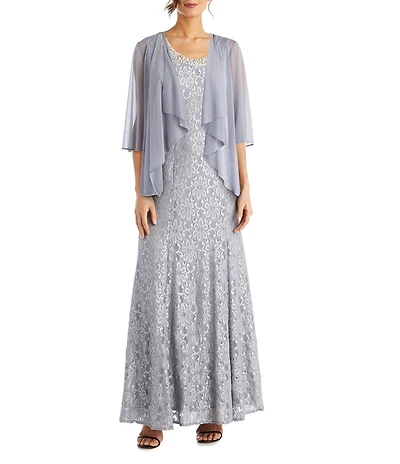 R & M Richards Glitter Lace Beaded Neck 2-Piece Jacket Gown